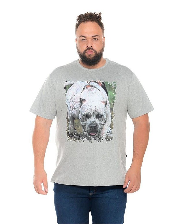 Camiseta Estampada Masculina Pitbull Cinza Plus Size XP ao G5
