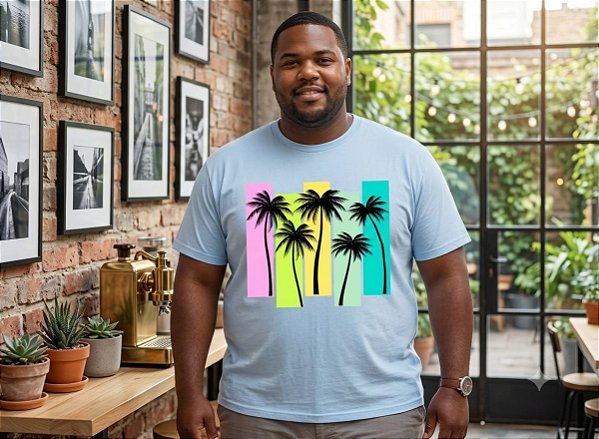 Camiseta Estampada Masculina Coqueiro Azul Clara Plus Size XP ao G5