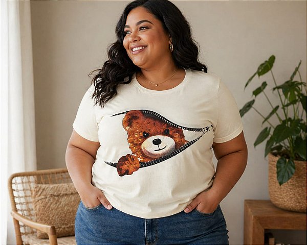 Camiseta Estampada Feminina Urso Bege Plus size Do XP ao G5
