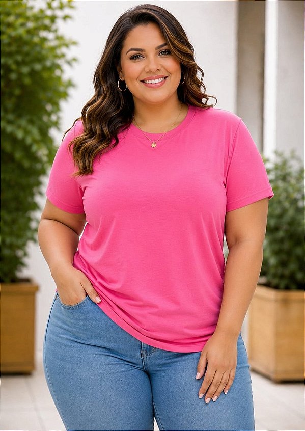 Camiseta Básica Feminina Rosa Pink Plus Size XP ao G5