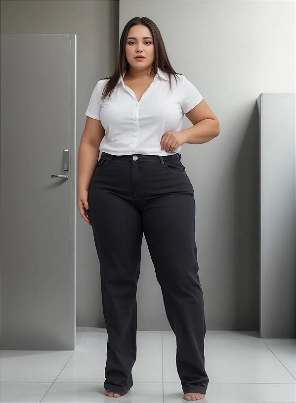 Calça Reta Jeans Black Com Stretch Feminina Plus Size do 44 ao 70 3438