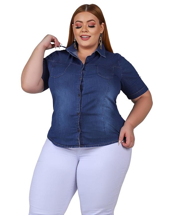 Camisa Jeans Feminina  Manga Curta  Plus Size XG ao G5 3341
