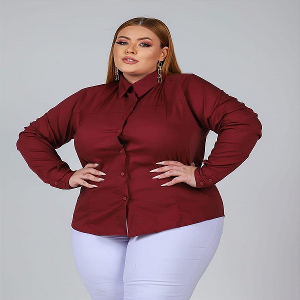 Camisa Tricoline Feminina Stretch Bordo Plus Size Xp Ao G5 3150