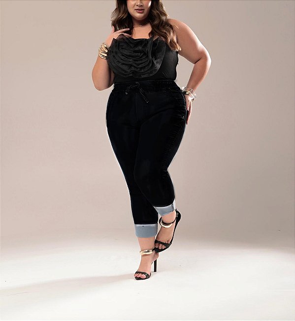 Calça Jogger  Preta Stretch  Barra Dobrada Escura Feminina Plus Size 44 ao 70 3434