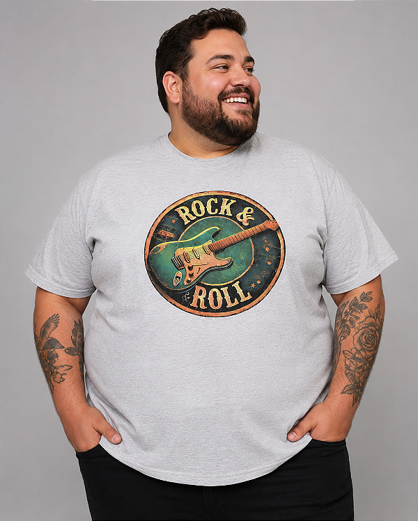 Camiseta Masculina Estampada Rock & Roll Cinza Mescla Plus Size XP ao G5
