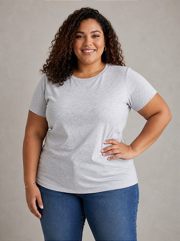 Camiseta Básica Feminina Cinza Mescla Plus Size XP ao G5