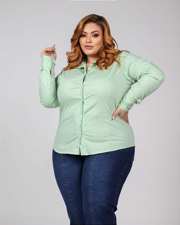 Camisa Tricoline Feminina Stretch Verde Plus Size Xp Ao G5 3150