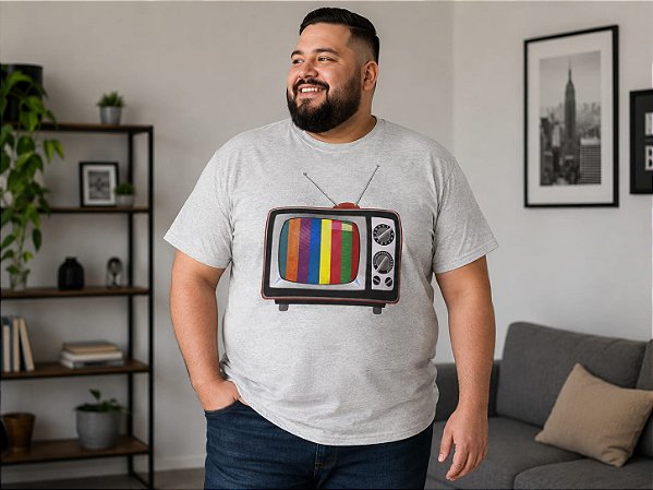 Camiseta Masculina Estampa TV Retrô Cinza Mescla Plus Size XP ao G5