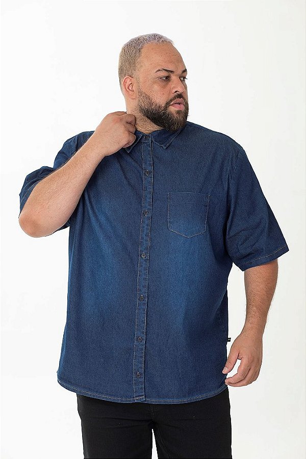 Camisa Jeans Masculina Manga Curta Escura Plus Size 2030
