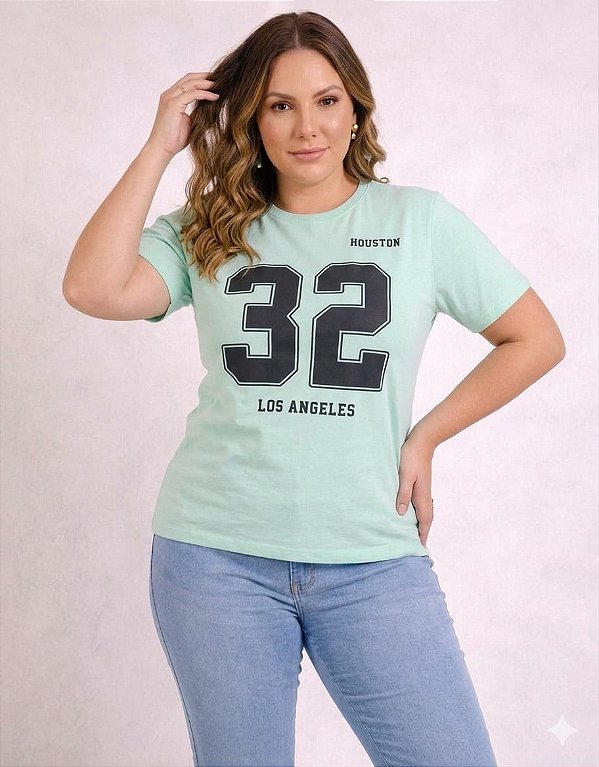 Camiseta Estampada Feminina Los Angeles 32 Verde Plus size Do XP ao G5