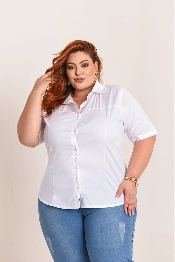 Camisa Tricoline Manga Curta Stretch Branco Plus Size Xp Ao G5 3384