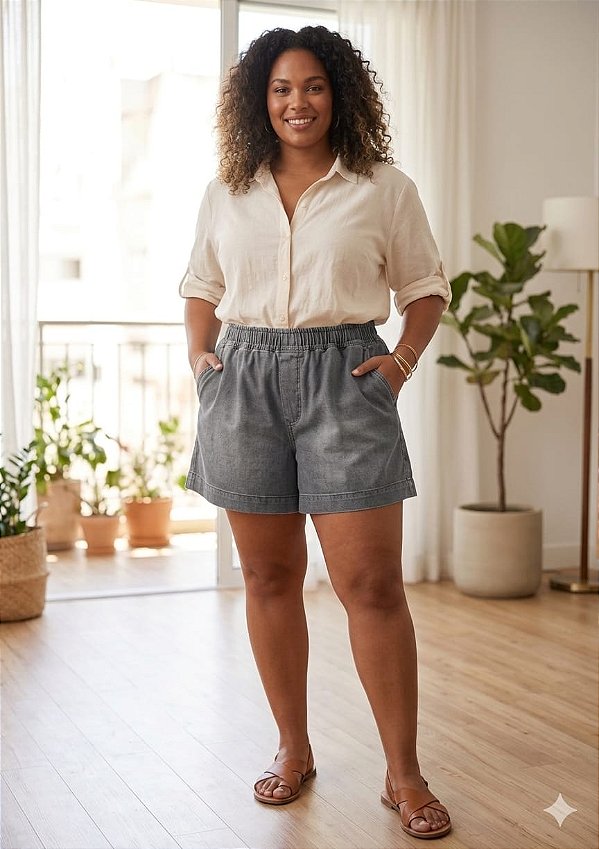 Short Jeans Stretch Cinza Feminino Elastico na cintura do 44 ao 70 3464