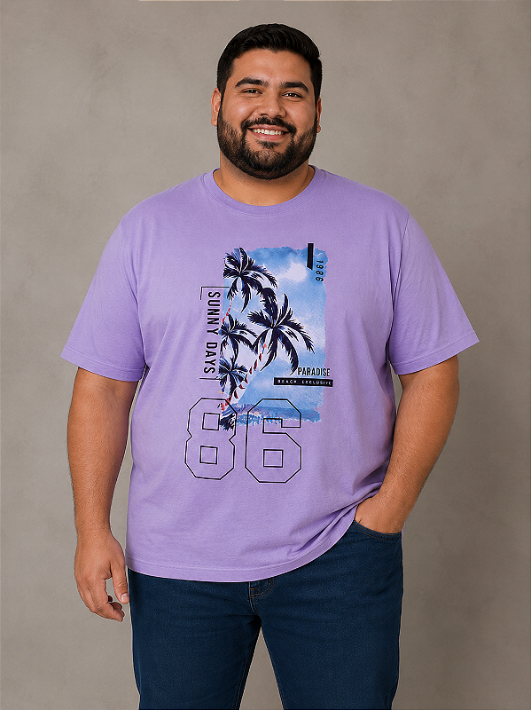 Camiseta Estampada Masculina Paradise 86 Lilás Plus Size XP ao G5