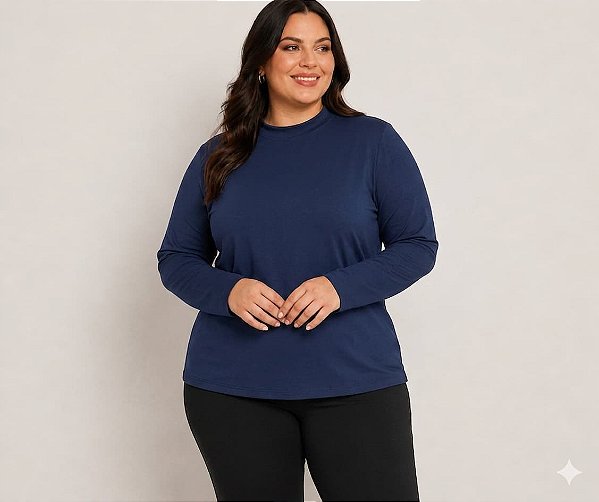 Blusa Feminina Gola Alta Elastano Azul Marinho Plus Size Do XP ao XG