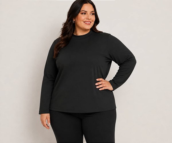 Blusa Feminina Gola Alta Elastano Preta Plus Size Do XP ao XG