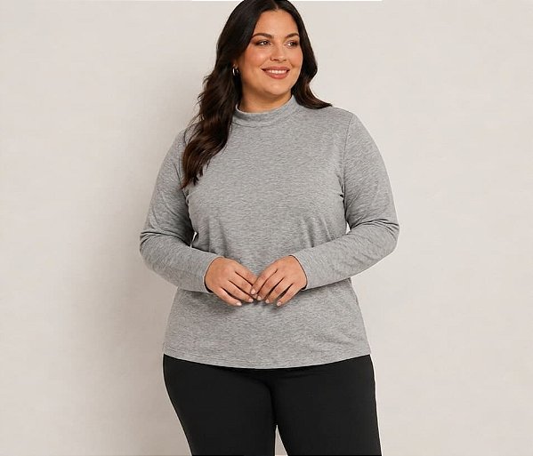 Blusa Feminina Gola Alta Elastano Cinza Mescla Plus Size Do XP ao XG