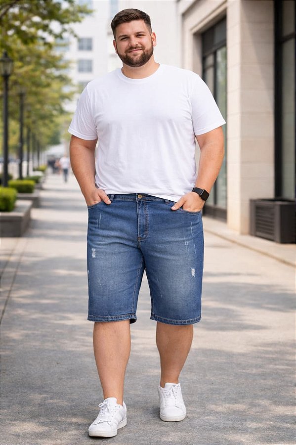 Bermuda Jeans Stretch Bigode e Used Masculina Plus Size 50 a 80 2296