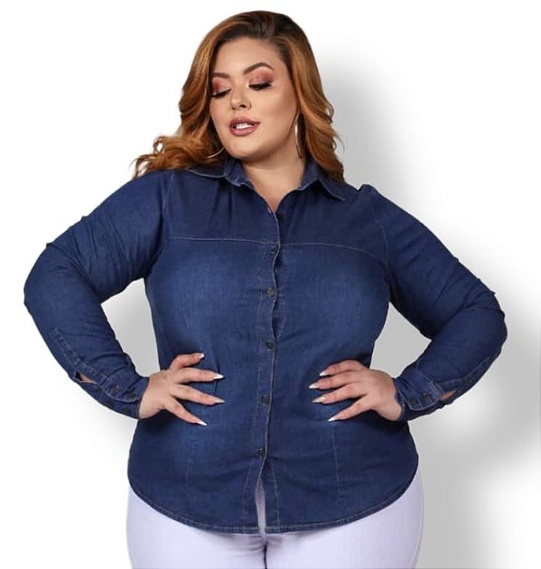 Camisa Jeans Escura Stretch M/L Sem Bolso Feminino Plus Size 3167