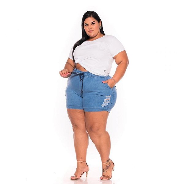 Short Jeans Jogger claro com Elástico e Cordão na Cintura Plus Size 44 ao 60 3218