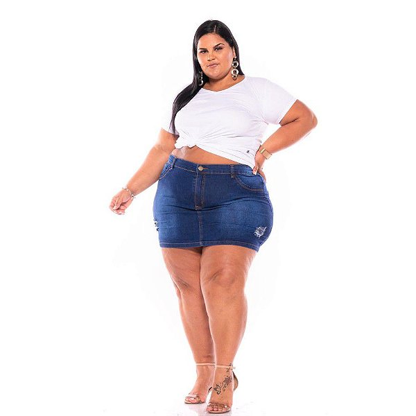 Mini Saia Jeans Com Stretch Bordada Plus Size 44 ao 60 3228