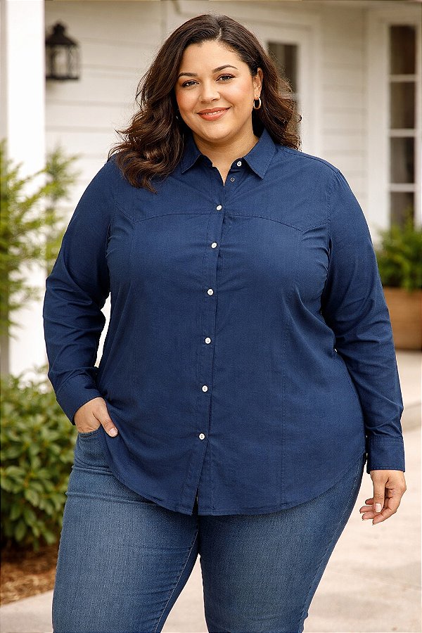 Camisa Viscose Stretch Feminina Azul Marinho Plus Size Xp ao XG 3379
