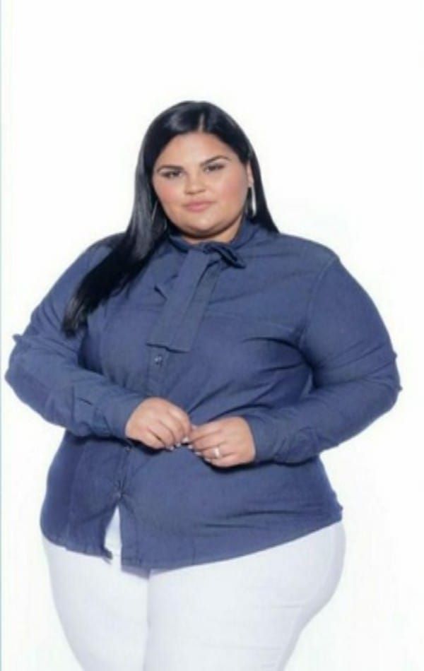 Camisa Jeans  Stretch Manga Longa Gola Laço Feminino Plus Size 3171