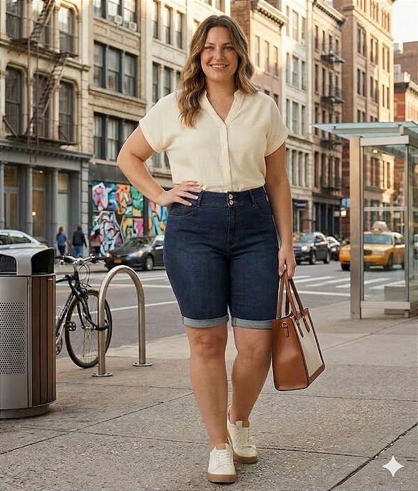 Bermuda Jeans Feminina Com Barrinha Dobrada Plus Size 3462