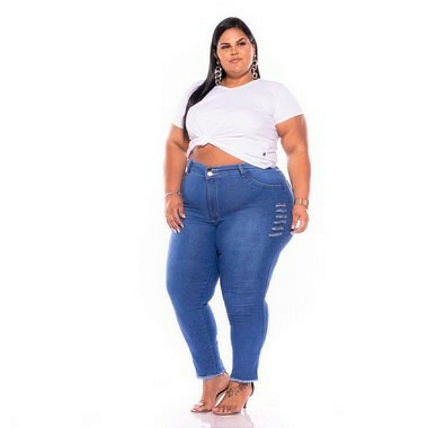 Calça Jeans Feminina Delavê Rasgo Barra Desfiada 44 ao 60 3231