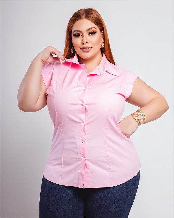 Camisa Regata Tricoline Stretch Feminina Rosa Plus Size XP ao G5 3222