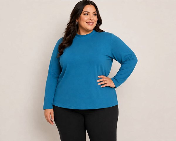 Blusa Feminina Gola Alta Elastano Azul Petróleo Plus Size Do XP ao XG