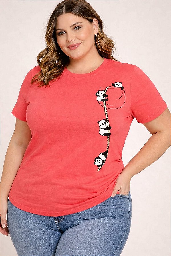 Camiseta Estampada Feminina Panda Coral Plus size Do XP ao G5