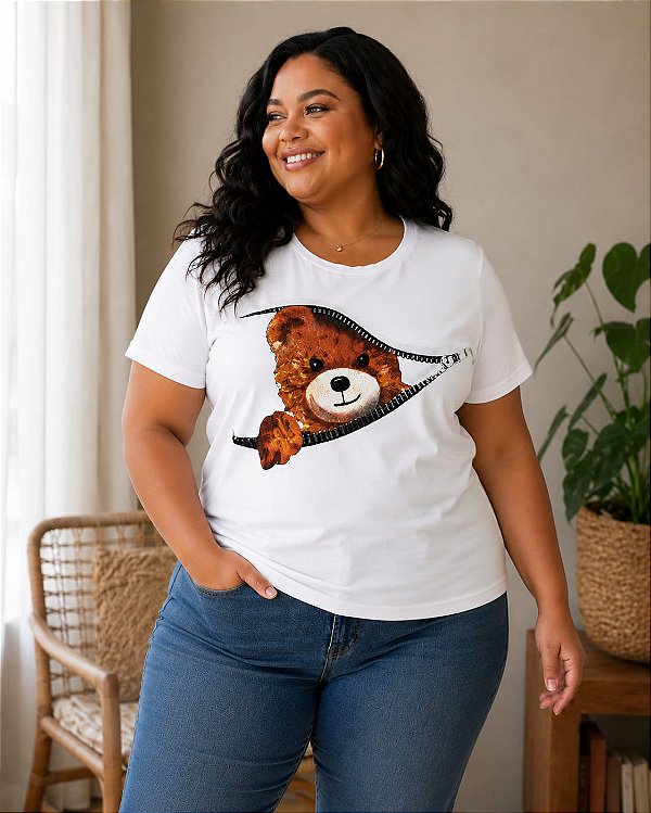Camiseta Estampada Feminina Urso Branca Plus size Do XP ao G5
