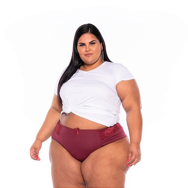 Calcinha Cotton Lycra Renda Vinho Plus Size XM Ao G5