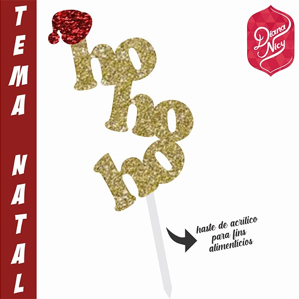 Topo em MDF com Glitter Dourado Tema Ho Ho Ho
