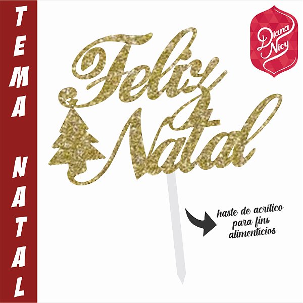 Topo em MDF com Glitter Dourado Tema Feliz Natal
