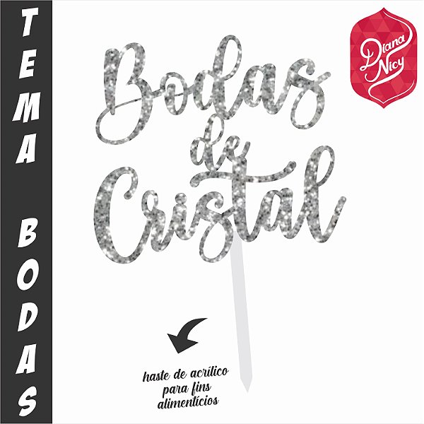 Topo em MDF com Glitter Prata Tema Bodas de Cristal