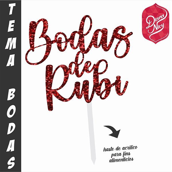 Topo em MDF com Glitter Vermelho Tema Bodas de Rubi