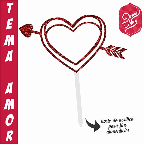Topo em MDF com Glitter Vermelho Tema Coração Flechado