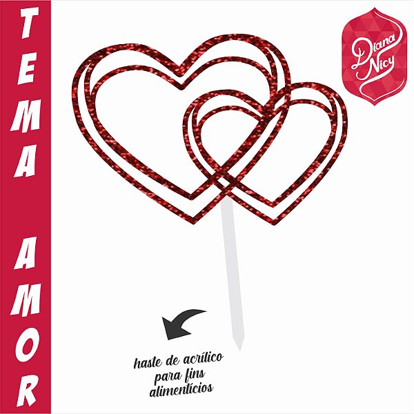 Topo em MDF com Glitter Vermelho Tema Coração Duplo