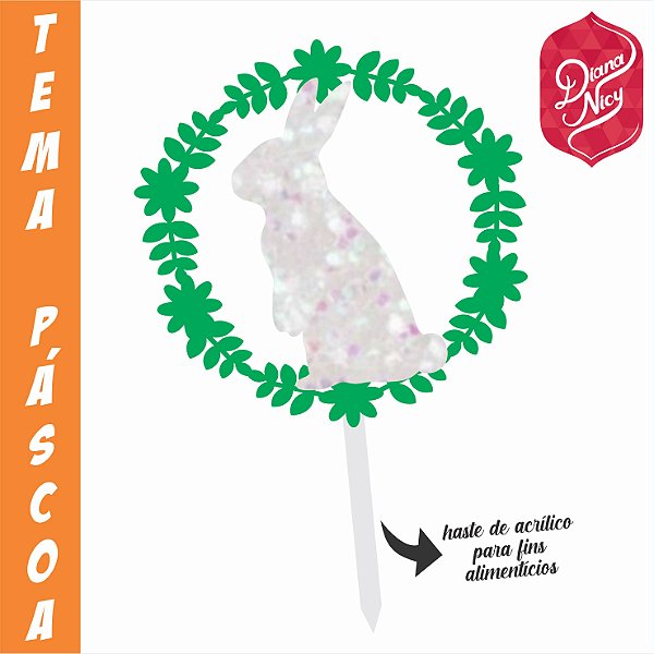 Topo em MDF Verde com Glitter Branco Tema Coelho Páscoa