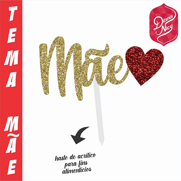 Topo em MDF com Glitter Dourado e Vermelho Tema Mãe