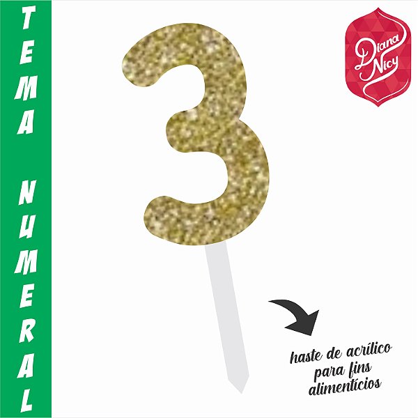 Topo em MDF com Glitter Dourado Número 3