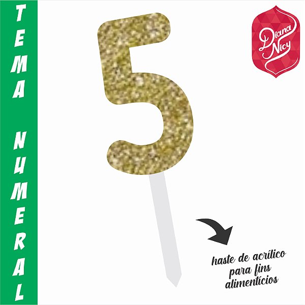 Topo em MDF com Glitter Dourado Número 5