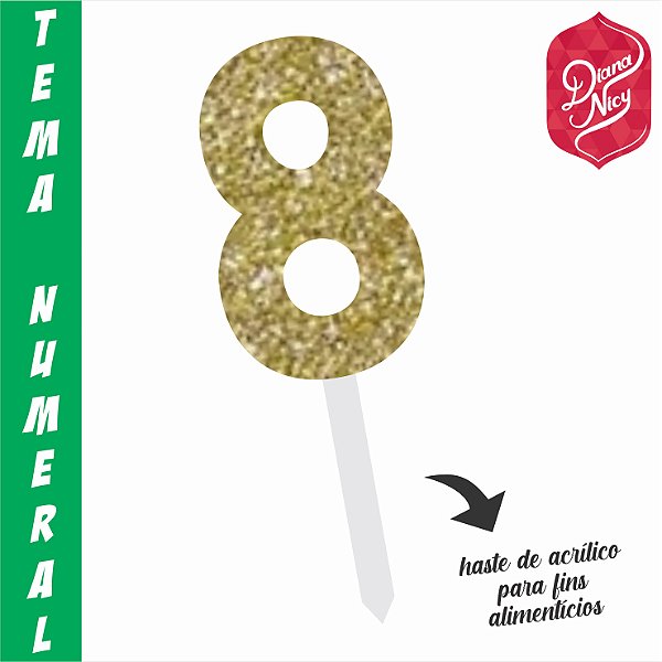 Topo em MDF com Glitter Dourado Número 8