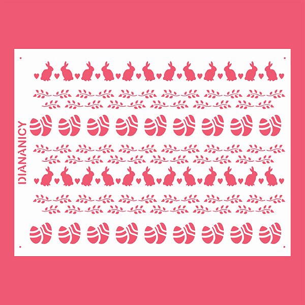 Estêncil Diananicy Nº 196 - Stencil Pascoa Coelhos e Ovos