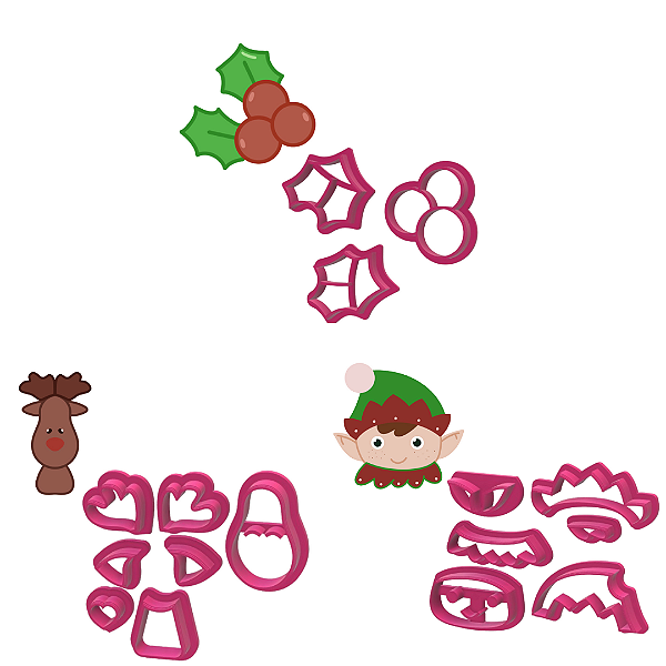 Kit Trio Cortador Natal Azevinho Duende Rena 5cm (para pasta) - D240028 D240029 D240030