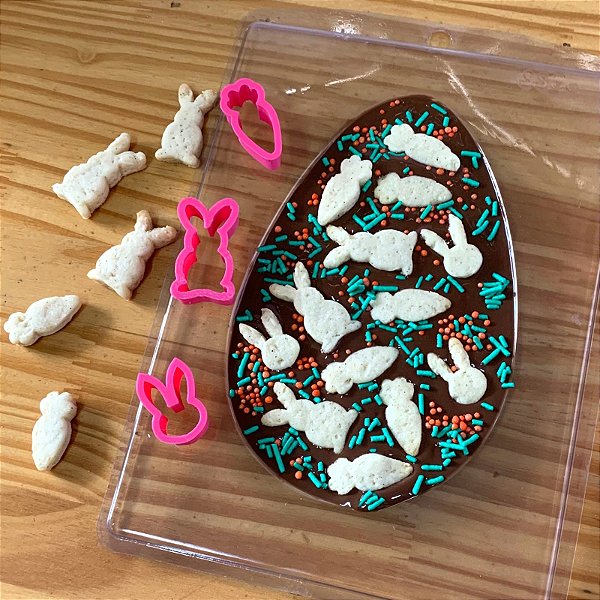 Dupla Kit Mini Cortadores e Forma de Chocolate em Acetato Ovo Plano em Barra Médio