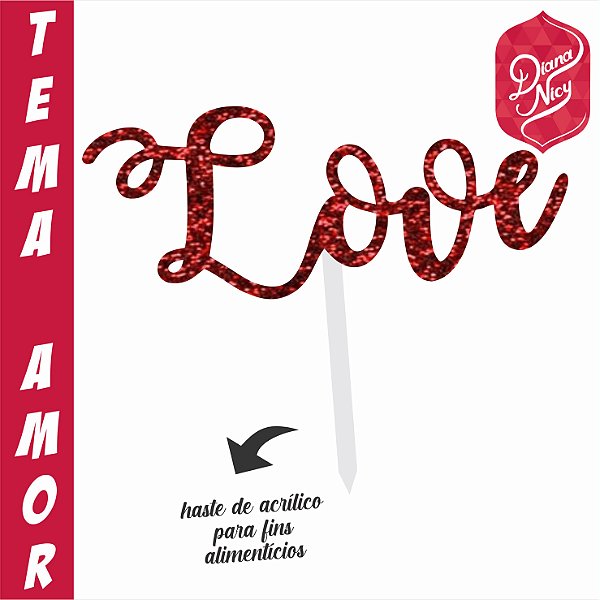 Topo em MDF com Glitter Vermelho Tema Love