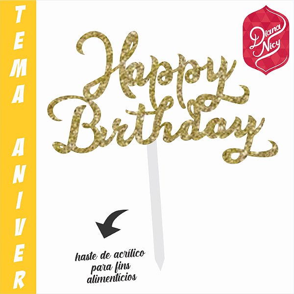 Topo em MDF com Glitter Dourado Tema Happy Birthday