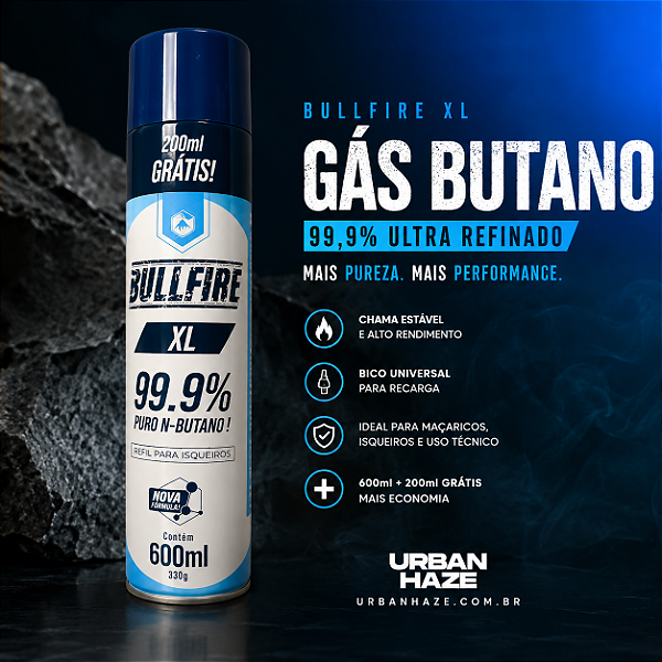 Gás Butano Bullfire 600ml 99,9% Ultra Refinado Premium XL para Maçarico, Refil de Isqueiro, Culinária, Camping e Uso Técnico
